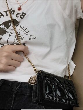 Lady Dior 5-Gusset Black Patent Quilted Mini Wallet W Gold Chain (Discontinued)